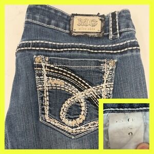 Miss Chic Bootcut Jeans Womens Size 9 Blue Denim Heavy Stitch Fleur De Lis‎ Y2K